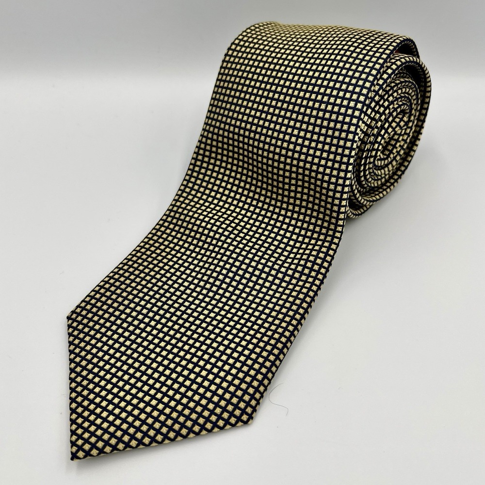 CHAPS by RALPH LAUREN Silk Necktie Tie Gold Navy Blue Squares Geometric Mens